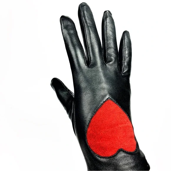 Aqua Leather Gloves w/ Red Suede Heart • Luxe Black NWT Gloves • Gift-Ready $129